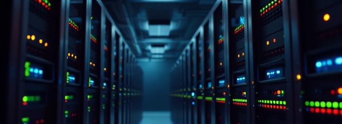 scrutinizing security protocol, analytical, carefully reviewing, photorealistic, secure server room with rows of glowing servers, highly detailed, blinking ethernet lights, 1/100 shutter speed, cool tones, stark LED lighting, shot with a 20mm camera lens