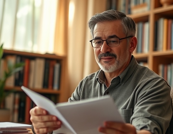 reliable insurance protection, serene expression, reviewing options, photorealistic, cozy home office with bookshelf background, highly detailed, gently billowing curtains, subdued earth tones, afternoon sunlight filtering through, shot with a Sigma 30mm f/1.4 DC DN lens.