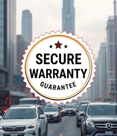 secure warranty guarantee, determined expression, ensuring, photorealistic, futuristic cityscape background with towering skyscrapers, highly detailed, movement of vehicles, precise and vivid, silver and black, bright focused lighting, shot with a telephoto lens.