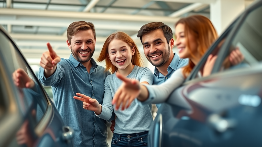 Happy family exploring multi-brand used car inventory options at dealership