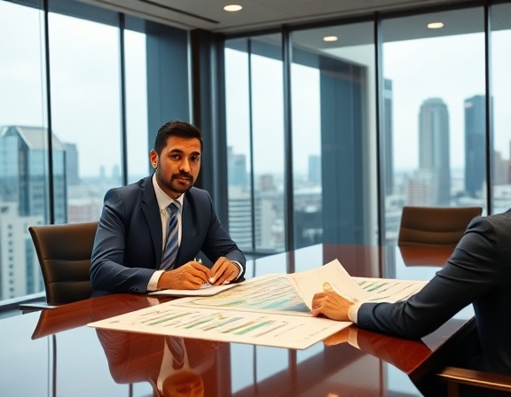 dynamic loan financing, confident expression, navigating complex negotiations, photorealistic, modern boardroom with large windows and cityscape view, highly detailed, interactive digital charts on table, f/2.8, navy blue and gold, ambient natural daylight, shot with a 85mm lens.