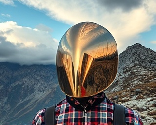 reflective protection shield, contemplative expression, shielding from elements, photorealistic, mountain landscape with dramatic skies and rocky terrain, highly detailed, clouds moving swiftly, large format quality, earthy and natural, soft golden hour lighting, shot with a 400mm zoom lens