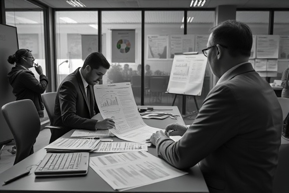 critical compliance risk, concerned, urgently evaluating, photorealistic, strategic planning office with risk assessment charts, highly detailed, scattered risk reports, 1/60 shutter speed, monochrome, dim strategic lighting, shot with a 70mm camera lens