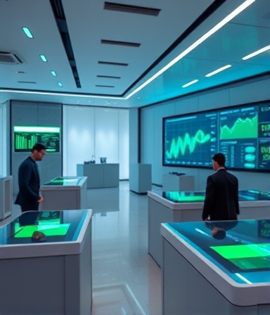 state-of-the-art digital banking platform, focused expression, utilizing augmented reality apps, photorealistic, interior of a minimalist bank with digital counters, highly detailed, virtual assistants and digital charts, high-res clarity, tech-savvy colors with greens and blues, ambient LED lighting, shot with a telephoto lens.