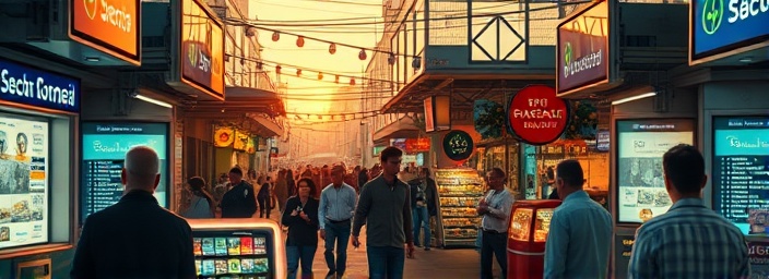 dynamic digital economy marketplace, bustling atmosphere, engaging with digital transactions, photorealistic, vibrant open-air market with digital kiosks, highly detailed, people exchanging digital currency, vibrant and colorful bustling surrounds, warm sunset lighting, shot with a 35mm lens.