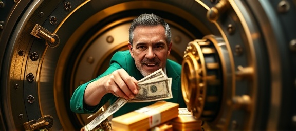 opportune loan money, assertive expression, distributing resources, photorealistic, bustling bank vault with ornate fixtures, highly detailed, coins and bills shimmering, ISO 800, rich gold and deep green, dramatic spotlight, shot with a macro lens.