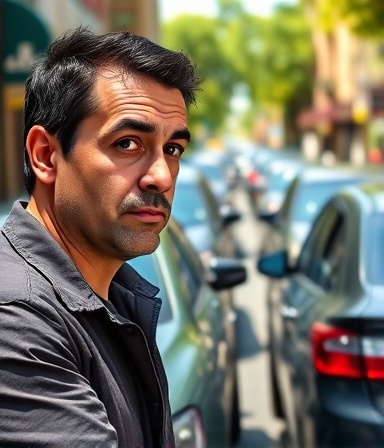 efficient car insurance, focused expression, calculating quotes, photorealistic, bustling urban environment with parked cars, highly detailed, honking cars, vibrant street colors, dappled sunlight, shot with a Tamron 24-70mm f/2.8 Di VC USD lens.