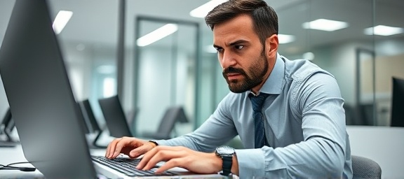 dynamic insurance claim, determined expression, cross-referencing data, photorealistic, organized corporate office with glass walls, highly detailed, continuous keyboard clacks, neutral gray scale, bright white lighting, shot with a Panasonic Lumix G 20mm f/1.7 II ASPH lens.