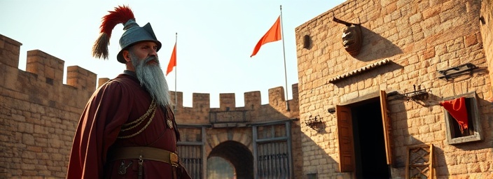 traditional protection guard, alert expression, standing watch, photorealistic, ancient fortress with stone walls and wooden gates, highly detailed, flags fluttering faintly, ultra-realistic, earthy stone colors, warm sunlight casting long shadows, shot with a 200mm long lens