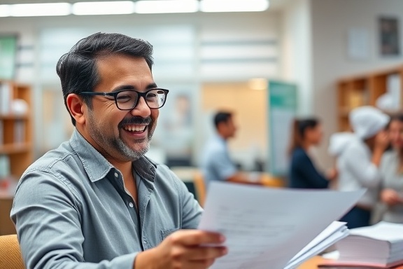 comprehensive insurance claim, relieved expression, filing paperwork, photorealistic, busy city insurance agency, highly detailed, fluttering papers, soft pastel hues, fluorescent office lighting, shot with a Sony 85mm f/1.4 GM lens.