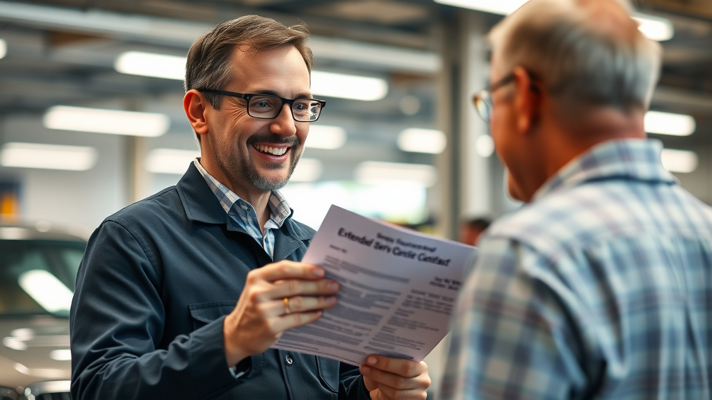 Car dealership service advisor explaining extended service contract options to customer