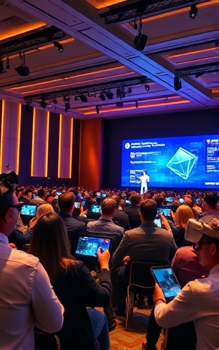 pioneering digital finance seminar, enthusiastic energy, presenting financial technology advancements, photorealistic, contemporary conference hall with interactive screens, highly detailed, attendees using tablets and VR headsets, crisp resolution, mixed warm and cool hues, stage spotlight, shot with a prime lens.