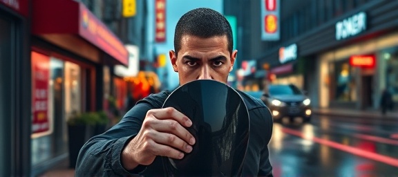 sleek protection shield, serious expression, holding steady, photorealistic, urban street with neon signs and rain-washed pavement, highly detailed, reflections on wet surfaces, ultra-sharp detail, chrome and black, artificial neon lighting, shot with a 35mm wide-angle lens