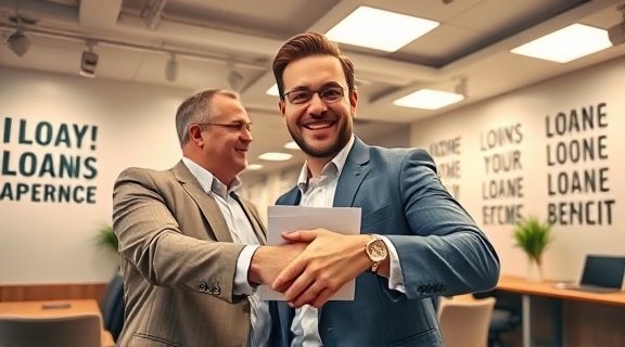 decisive loan approval, satisfied expression, shaking hands, photorealistic, corporate office lounge with motivational quotes on walls, highly detailed, papers slightly flying around, f/4.5, warm beige and white, overhead fluorescent lighting, shot with a 24mm lens.