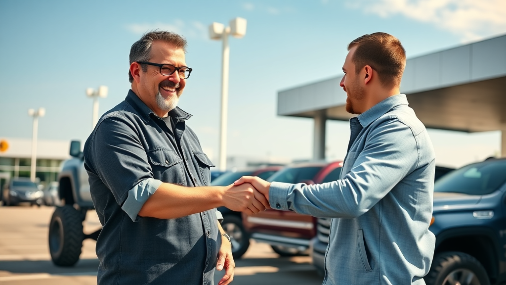 Independent dealership owner shaking hands with satisfied customer near lifted truck protected by lift kit warranty