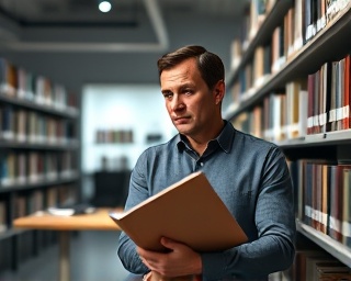 comprehensive expertise knowledge, thoughtful expression, reviewing reports, photorealistic, minimalistic corporate library with books and technology, highly detailed, dynamic presentation tools, 85mm lens shot, neutral colors, subdued lighting