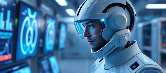 advanced protection mask, focused expression, analyzing data, photorealistic, futuristic lab with holographic displays and robotic arms, highly detailed, streaming data visualizations, 8k resolution, silver and blue, cold LED lighting, shot with a 24mm ultra-wide lens