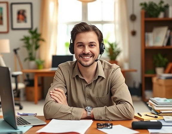 reliable warranty support, welcoming expression, consulting, photorealistic, cozy home office background with personalized decor, highly detailed, papers and gadgets scattered, vibrant with life, natural earthy colors, natural lighting, shot with a 35mm lens.