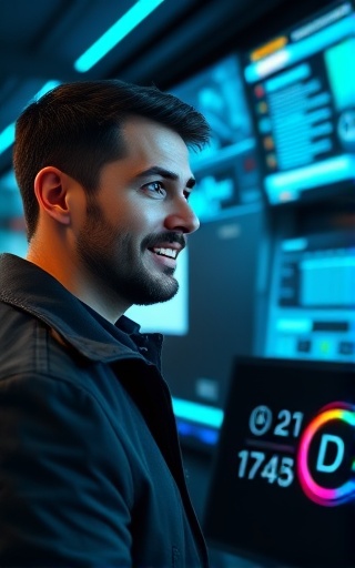 innovative car insurance, optimistic expression, mobile app navigation, photorealistic, sleek tech office with digital screens, highly detailed, scrolling digital interface, electric blue accents, cool LED lighting, shot with a Fujifilm XF 27mm f/2.8 lens.