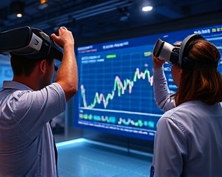 targeted investment solutions, curious, maximizing returns, photorealistic, interactive financial exhibit with VR headsets, highly detailed, virtual charts, high precision, sapphire and platinum, focused spotlights, shot with a 80mm lens.