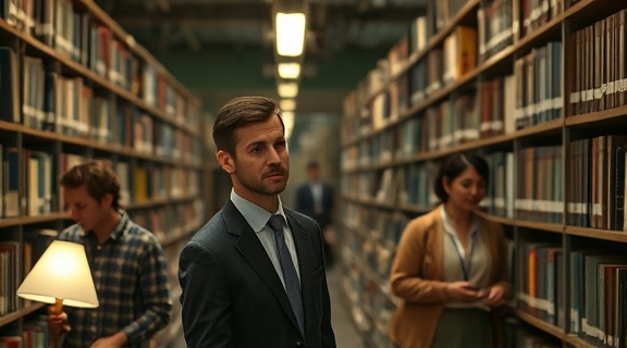 efficient warranty coverage, thoughtful expression, strategizing, photorealistic, library-like environment with books and documents, highly detailed, constant motion of people, calm and organized, muted browns and greens, gentle lighting from lamps, shot with a 50mm lens.