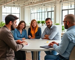 dedicated expertise team, committed expression, brainstorming session, photorealistic, open-plan office with collaborative spaces, highly detailed, creative energy in the room, 28mm lens shot, pastel colors, natural sunlight