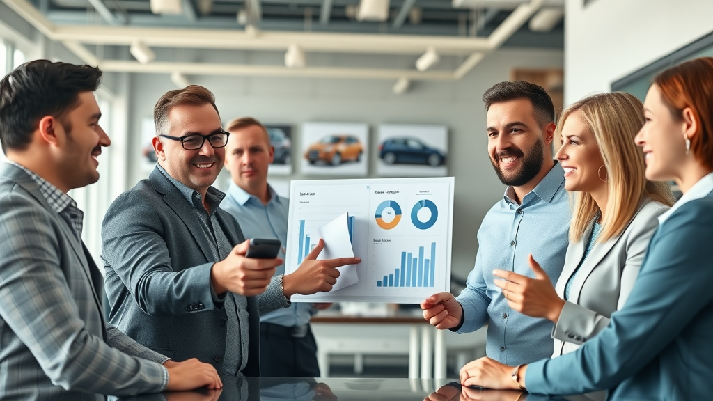 Dealership leadership team discussing multi-brand used car inventory strategy