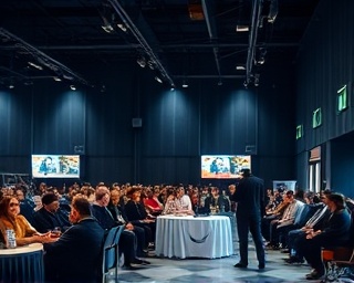 reliable financing solutions, assured, fostering economic innovation, photorealistic, bustling entrepreneurial hub, highly detailed, startup pitch sessions, clear visibility, midnight blue and cream, dynamic LED lights, shot with a 30mm lens.