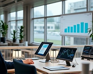 leading-edge financial services, engaged, reimagining insurance, photorealistic, sophisticated help desk with smart devices, highly detailed, digital trend graphs, fine resolution, onyx and ivory, soft desk lamps, shot with a 100mm lens.