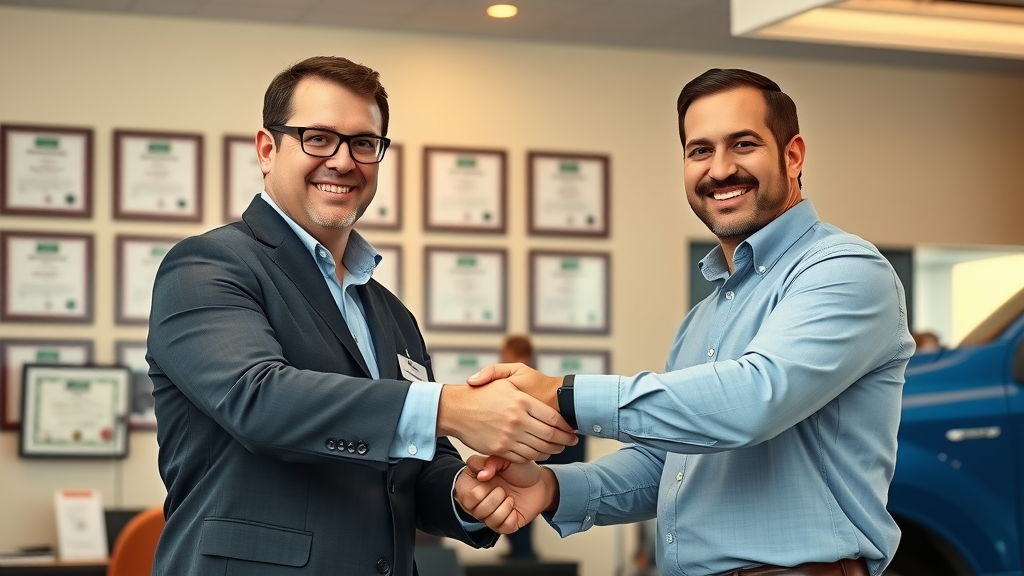 Diesel engine deletion warranty expert and truck owner sealing agreement with confident handshake