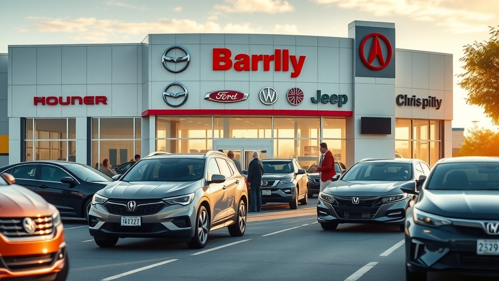 Multi-brand used car inventory at a vibrant dealership exterior with diverse car brand logos