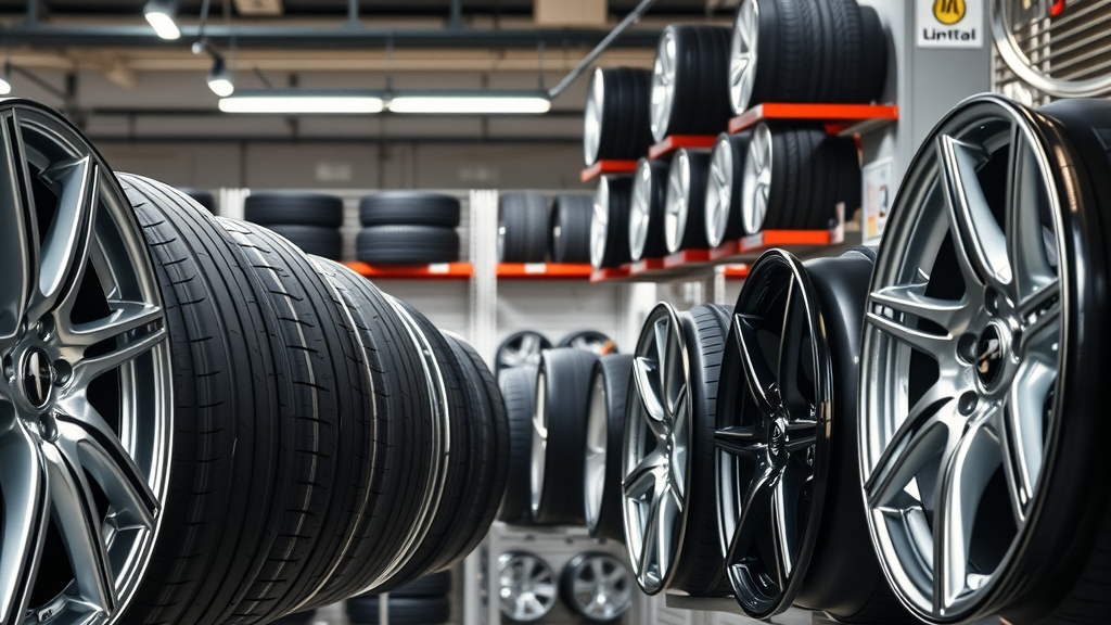 Showroom display contrasting aftermarket and OEM wheels relevant to lift kit coverage