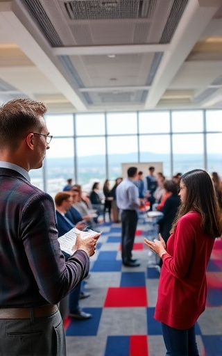 comprehensive warranty insurance, reassuring expression, assessing, photorealistic, well-furnished corporate office with panoramic views, highly detailed, people interacting, colorful and dynamic, deep blues and rich reds, soft overhead lighting, shot with a macro lens.