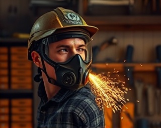 heavy-duty protection gear, determined expression, facing danger, photorealistic, smoky workshop with tools scattered around and sparks flying, highly detailed, floating dust motes, ultra-clear, dark and rusty, dramatic backlight, shot with a 100mm macro lens