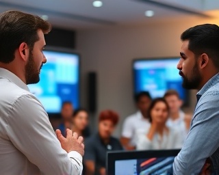 diverse expertise skills, confident expression, engaging in workshop, photorealistic, contemporary conference room with digital screens, highly detailed, interactive elements, 50mm lens shot, vibrant colors, ambient lighting