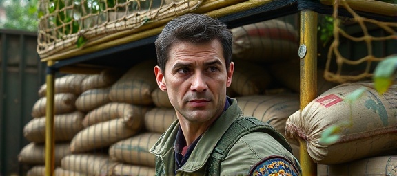 fortified protection barrier, cautious expression, observing surroundings, photorealistic, military base with camouflage nets and sandbags, highly detailed, wind rustling leaves, HDR, earthy tones, ambient natural lighting, shot with a 85mm portrait lens