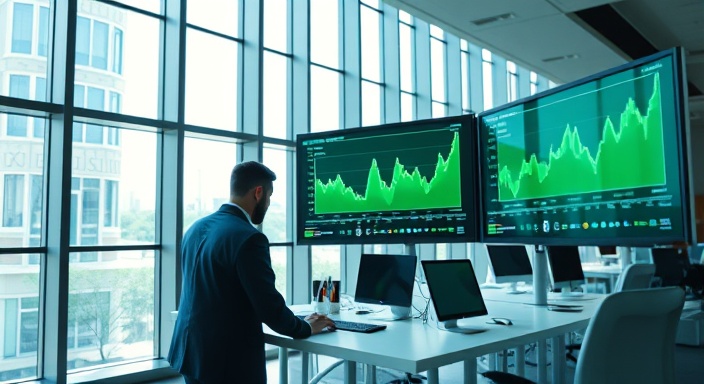 comprehensive financial services, strategic, optimizing client portfolios, photorealistic, modern corporate office with floor-to-ceiling windows, highly detailed, graphs on digital screens, crisp details, deep green and white, soft natural light, shot with an 85mm lens.