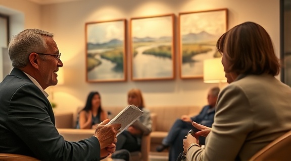 customer-centric gap insurance, trusting expression, discussing policies, photorealistic, welcoming lounge with calming artwork, highly detailed, quiet chatter among clients, warm beige tones, soft incandescent lighting, shot with a Leica Summilux-M 35mm f/1.4 ASPH lens.
