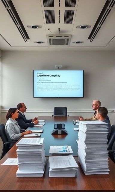 comprehensive compliance policy, determined, decisively implementing, photorealistic, modern corporate boardroom with screens displaying guidelines, highly detailed, policy documents piled high, f/3.5 aperture, warm neutral, natural daylight from windows, shot with a 35mm camera lens