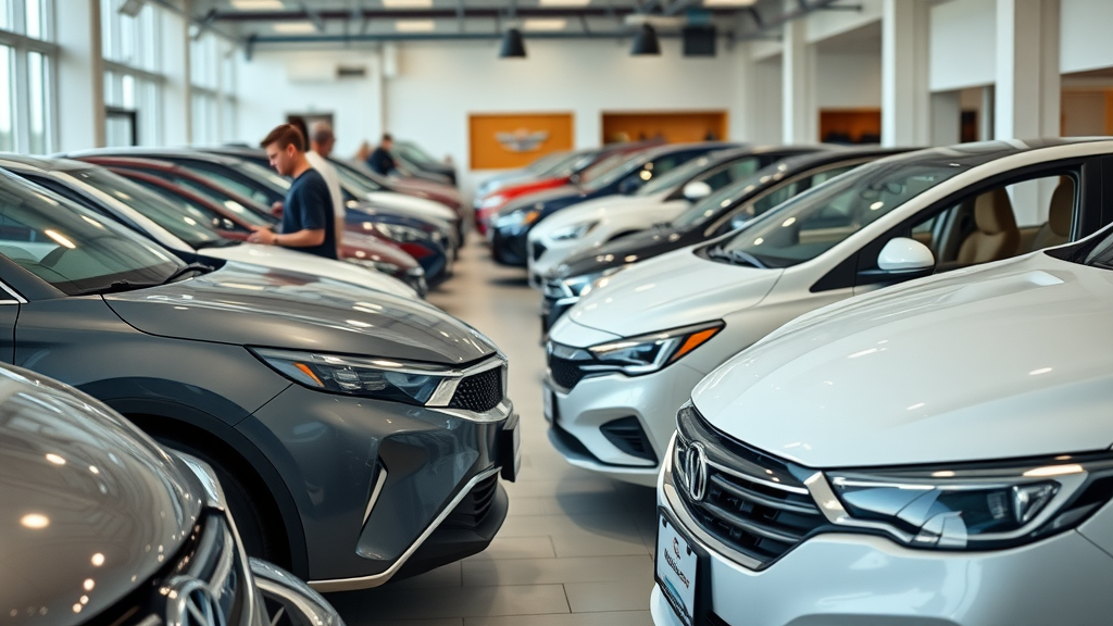Diverse multi-brand used car inventory displayed in modern dealership showroom