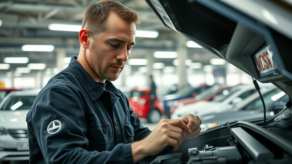 Mechanic servicing non-franchise brand vehicle in dealership workshop