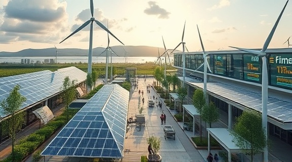 innovative finance technology park, lively ambiance, experimenting with financial software, photorealistic, eco-friendly space with solar panels and green architecture, highly detailed, cycling data projections and wind turbines, ultra-clear definition, fresh natural colors, diffused daylight lighting, shot with a zoom lens.