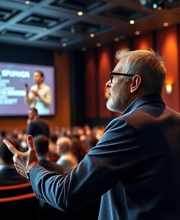 dynamic company expertise, inspired expression, leading a seminar, photorealistic, auditorium with presentation screen and engaged audience, highly detailed, dynamic motion, 70mm lens shot, contrasting colors, spotlight lighting