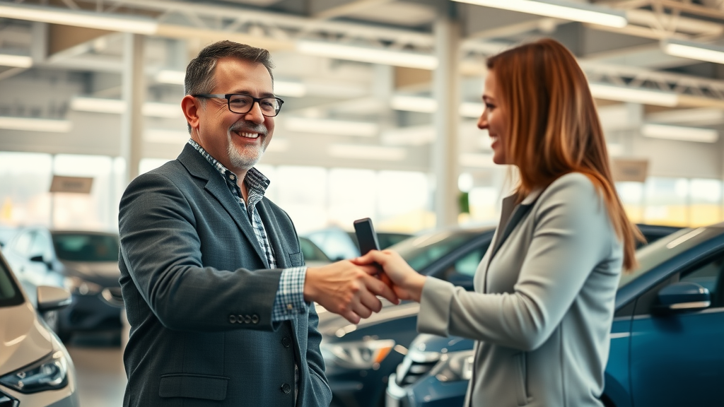 Happy car owner building loyalty through service drive used car sales at dealership