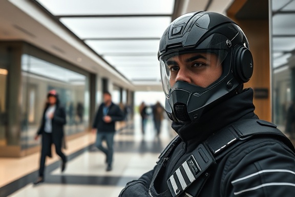 high-tech protection guard, concentrated expression, guarding entrance, photorealistic, corporate office lobby with glass walls and marble floors, highly detailed, people passing by, super-high fidelity, black and metallic accents, overhead fluorescent lighting, shot with a 70-200mm telephoto lens